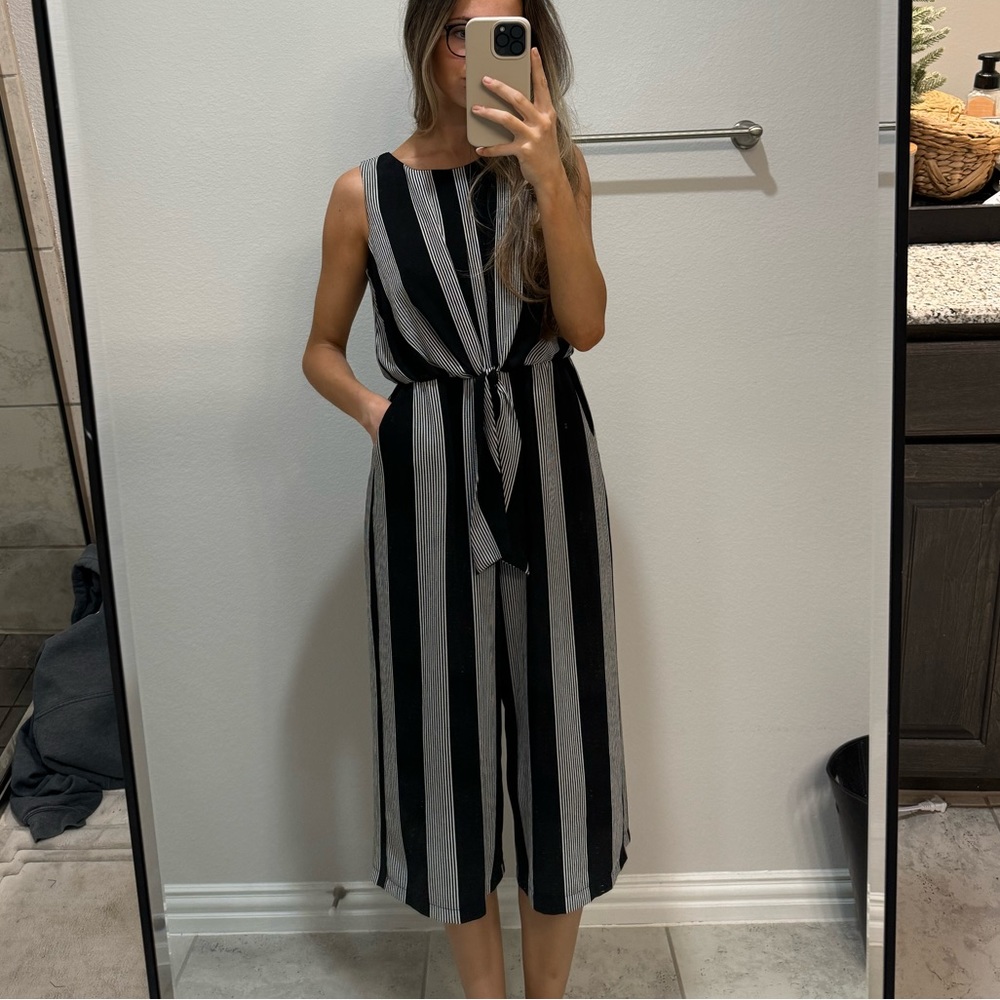 Charming Charlie | Midi Black & White Striped Romper